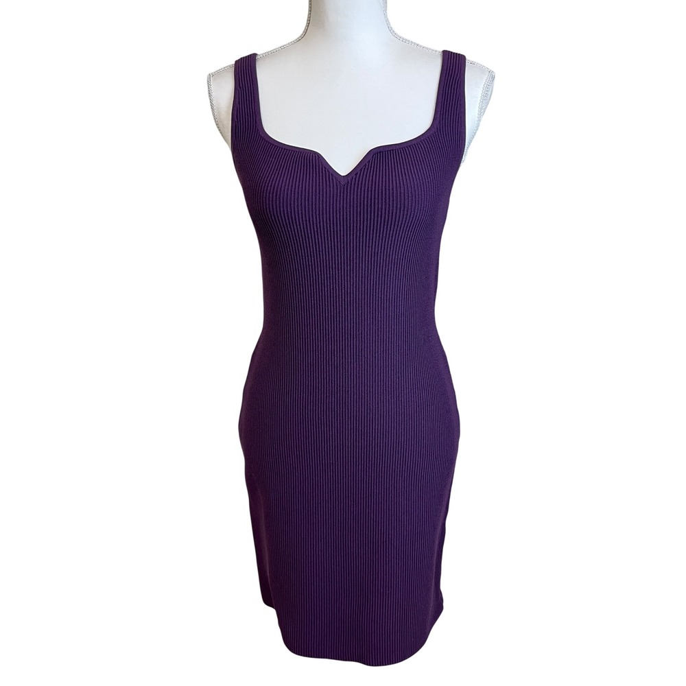 BABATON‎ Purple Ribbed Knit V Neck Bodycon Mini Dress Sz L Y2K 90s Date Night